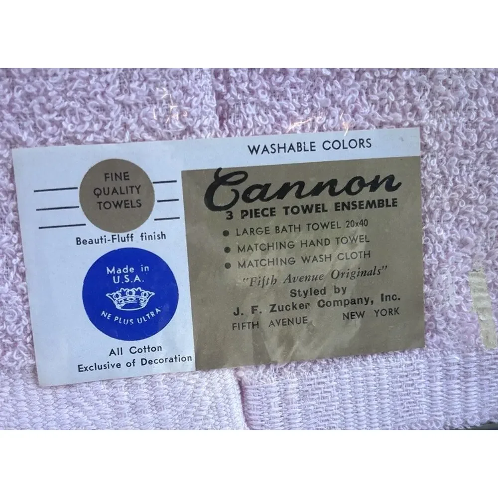 Vintage 50's Cannon Pink Rose Towel Gift Set Bath Hand Wash Fifth Ave All Cotton